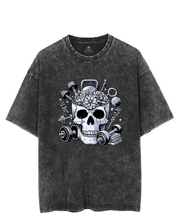 SKELETON LIFTING FLOWERS BOOKS VINTAGE GYM SHIRT