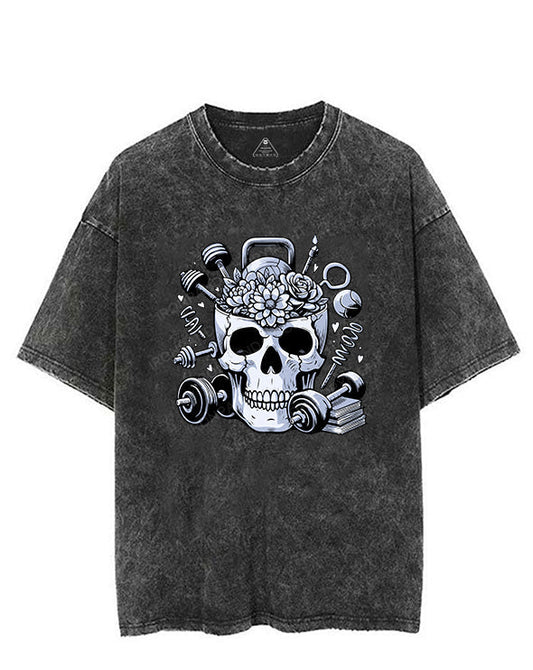 SKELETON LIFTING FLOWERS BOOKS VINTAGE GYM SHIRT
