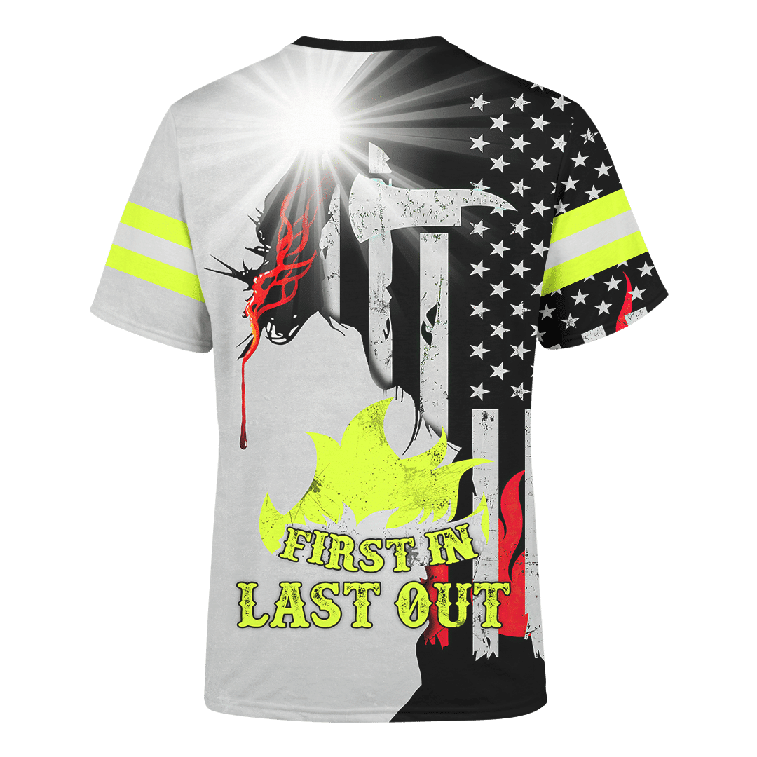 Jesus Firefighter First In Last Out Customized 3D All Over Printed hoodie