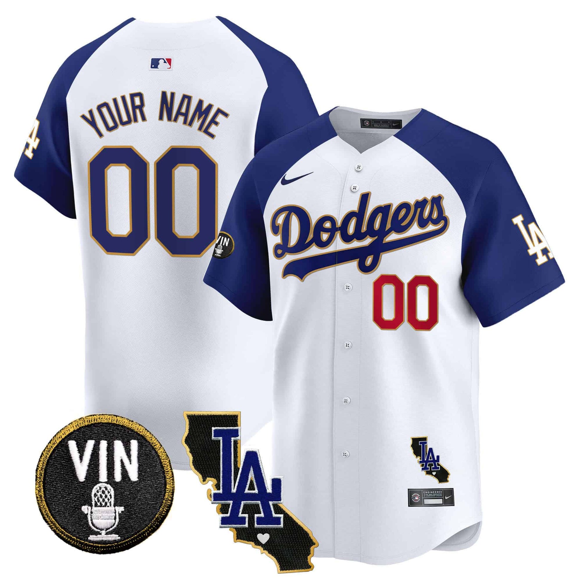 Dodgers Vin & California Patch Gold Trim Vapor Premier Limited Custom Jersey - All Stitched