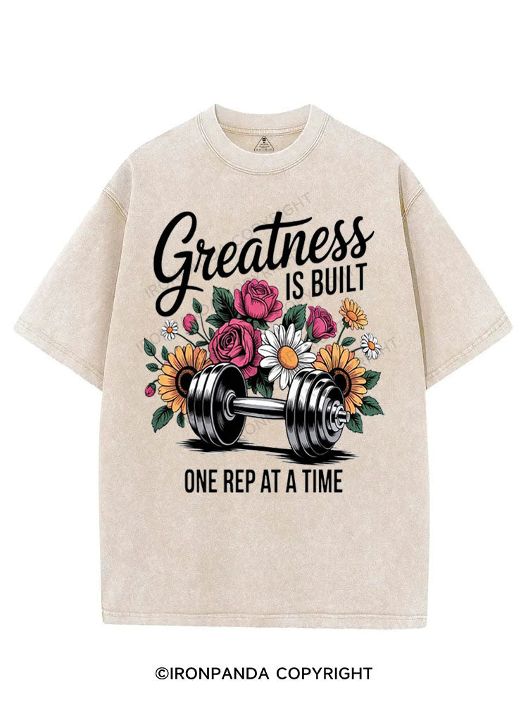 GREATNESS IS BUILT ONE REP AT A TIME VINTAGE GYM SHIRT