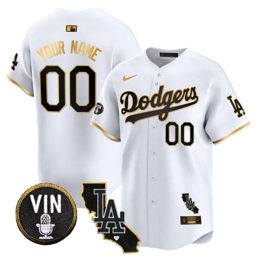 Dodgers Vin & California Patch Gold Trim Vapor Premier Limited Custom Jersey - All Stitched
