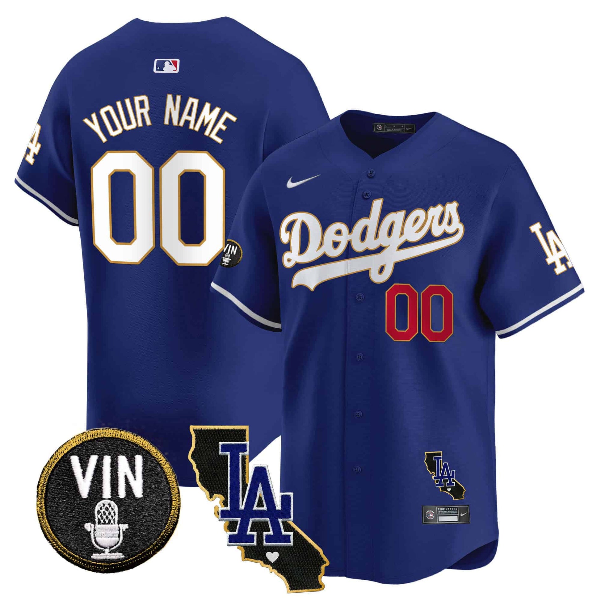 Dodgers Vin & California Patch Gold Trim Vapor Premier Limited Custom Jersey - All Stitched