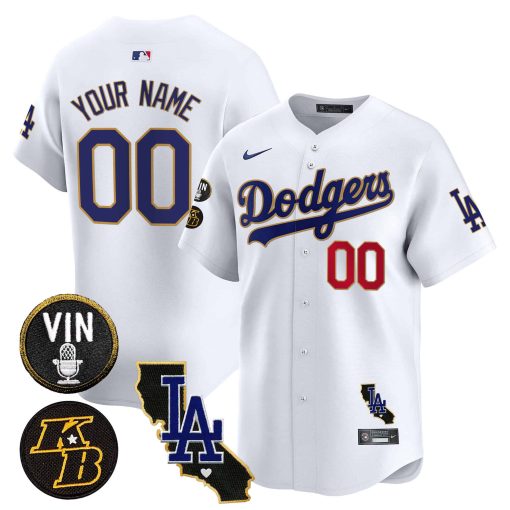 Dodgers Vin Patch & Kobe Bryant Gold Trim Vapor Premier Limited Custom Jersey V2 - All Stitched