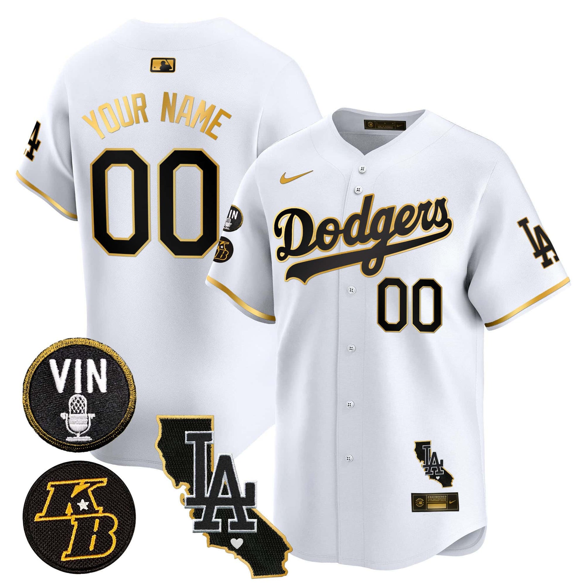 Dodgers Vin Patch & Kobe Bryant Gold Trim Vapor Premier Limited Custom Jersey V2 - All Stitched
