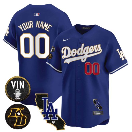 Dodgers Vin Patch & Kobe Bryant Gold Trim Vapor Premier Limited Custom Jersey V2 - All Stitched