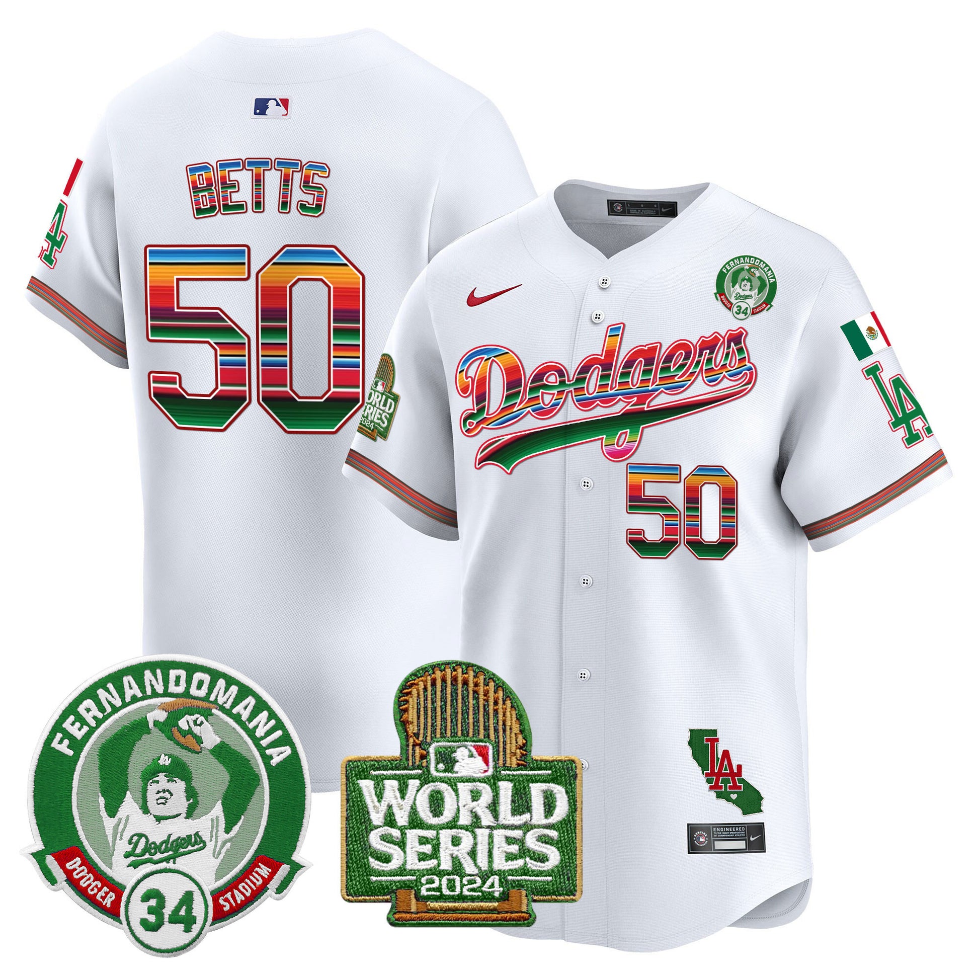 Men's Dodgers Mexico Fernando Valenzuela & 2024 World Series Patch Vapor Premier Limited Jersey - All Stitched
