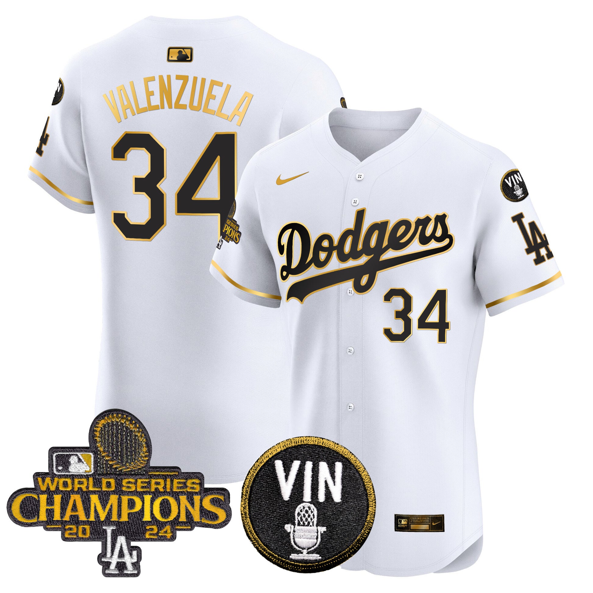 Men's Dodgers 2024 World Series Champions Gold Trim Vapor Premier Elite Jersey - All Stitched