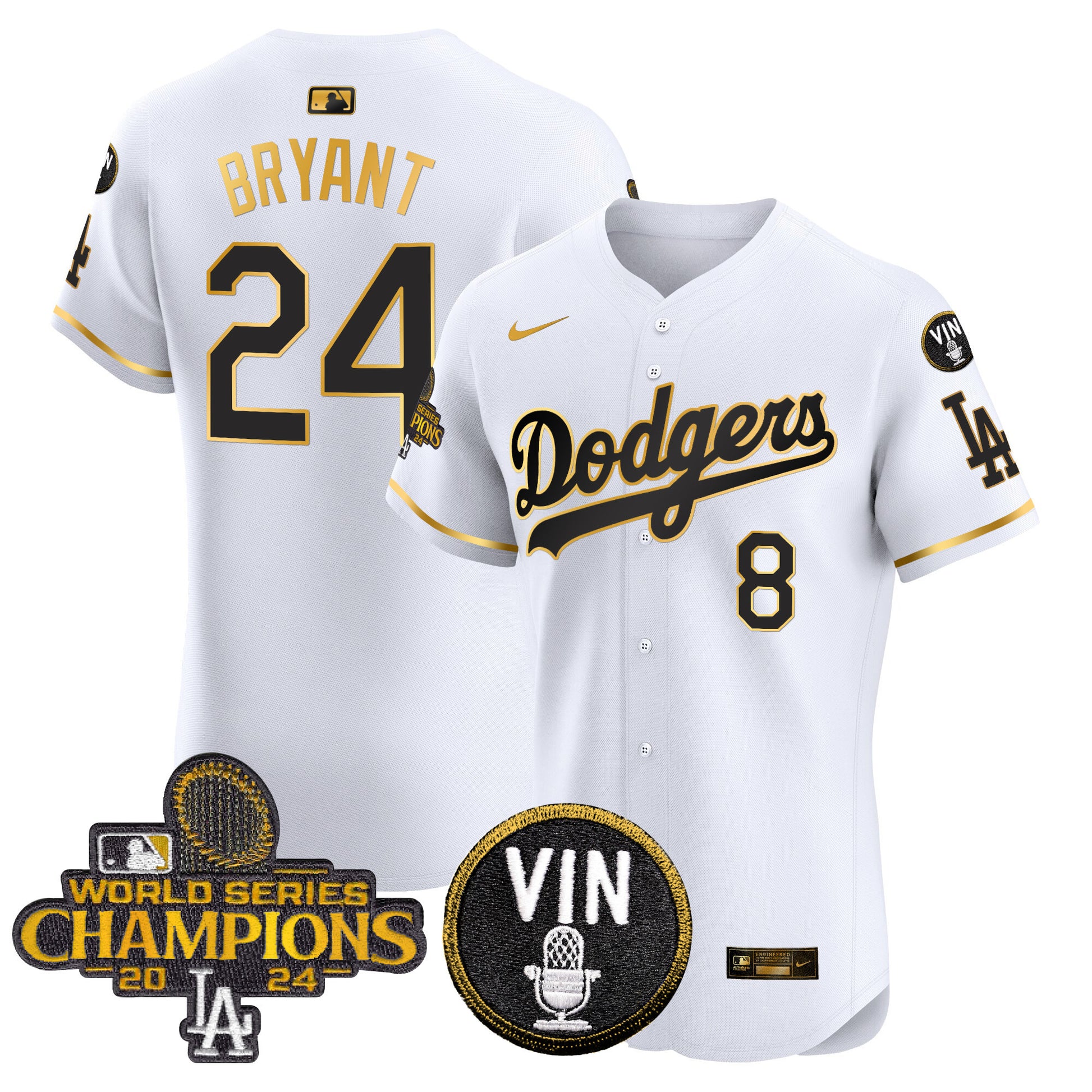 Men's Dodgers 2024 World Series Champions Gold Trim Vapor Premier Elite Jersey - All Stitched