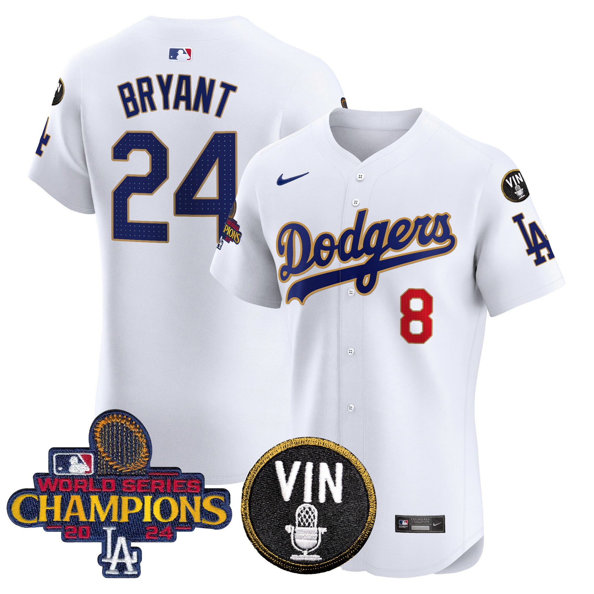 Men's Dodgers 2024 World Series Champions Gold Trim Vapor Premier Elite Jersey - All Stitched