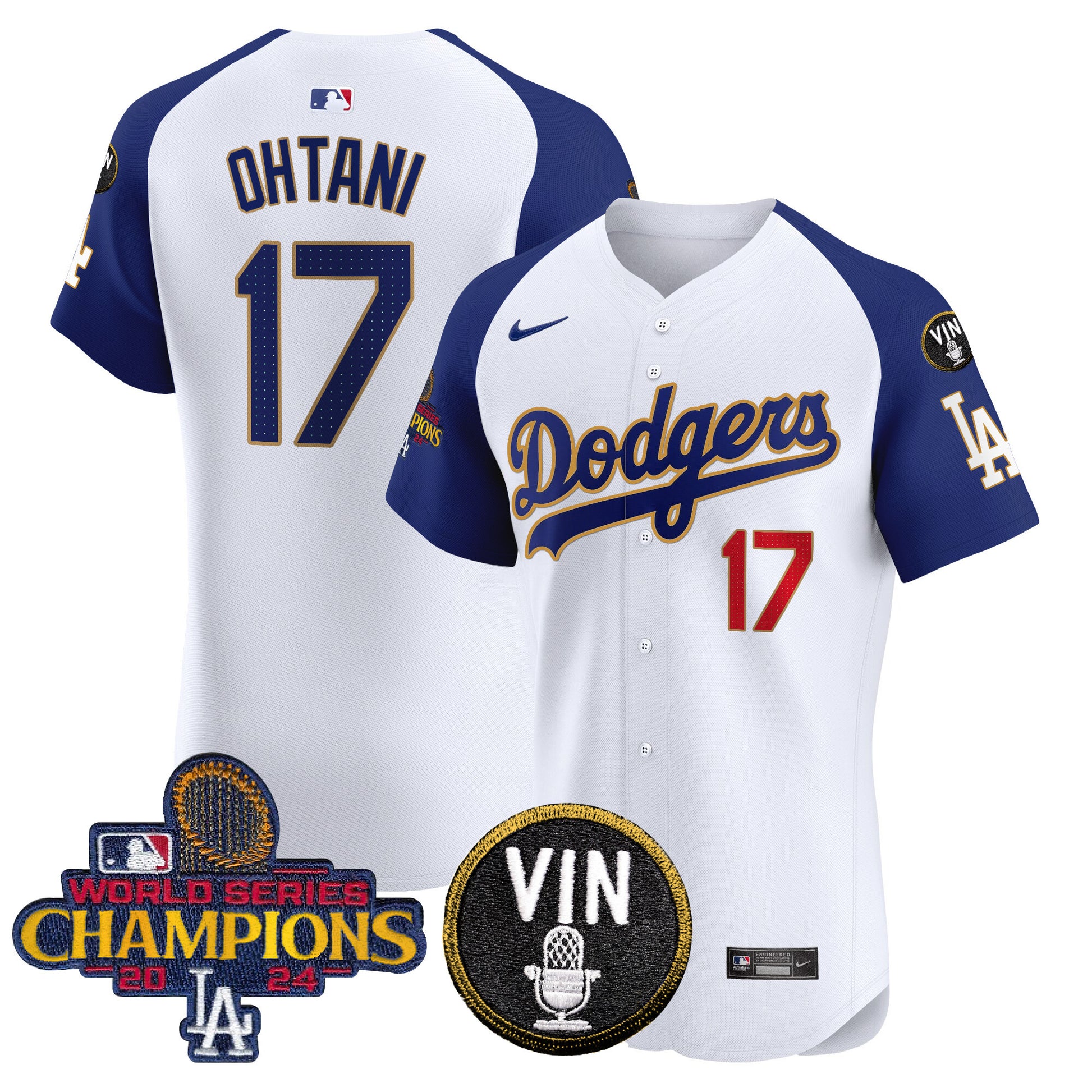 Men's Dodgers 2024 World Series Champions Gold Trim Vapor Premier Elite Jersey - All Stitched