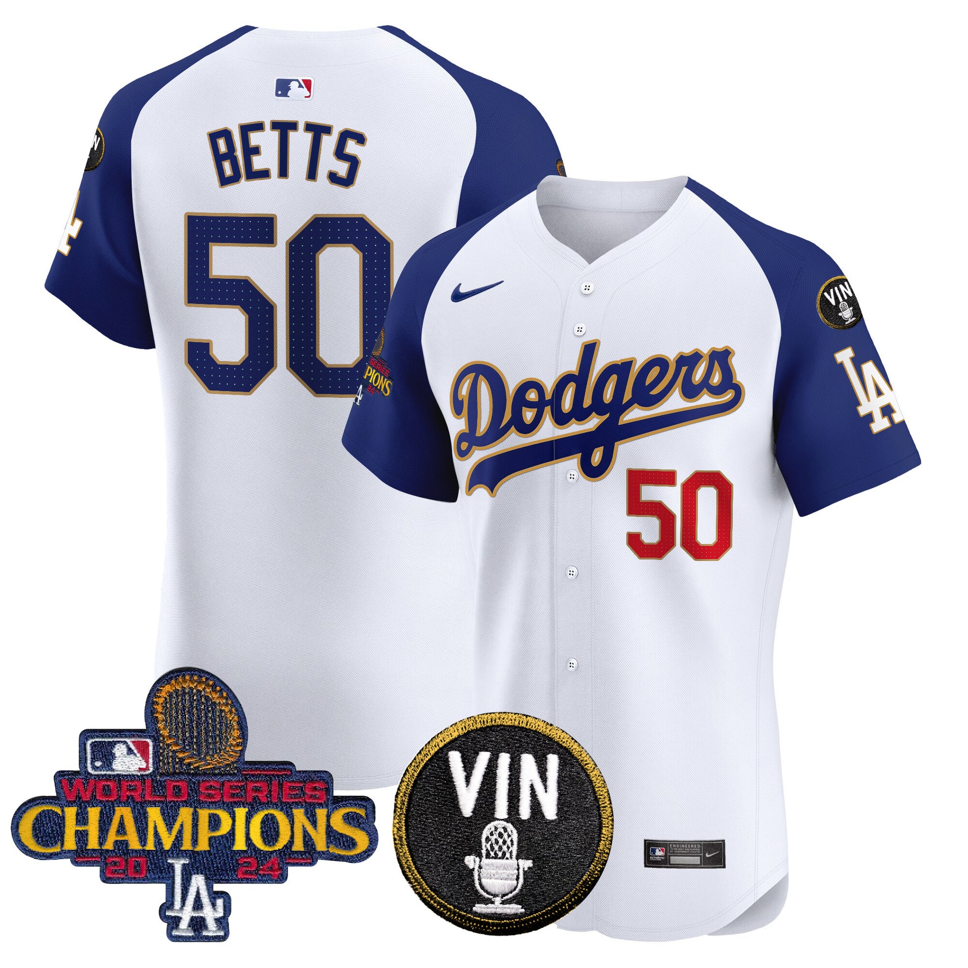 Men's Dodgers 2024 World Series Champions Gold Trim Vapor Premier Elite Jersey - All Stitched