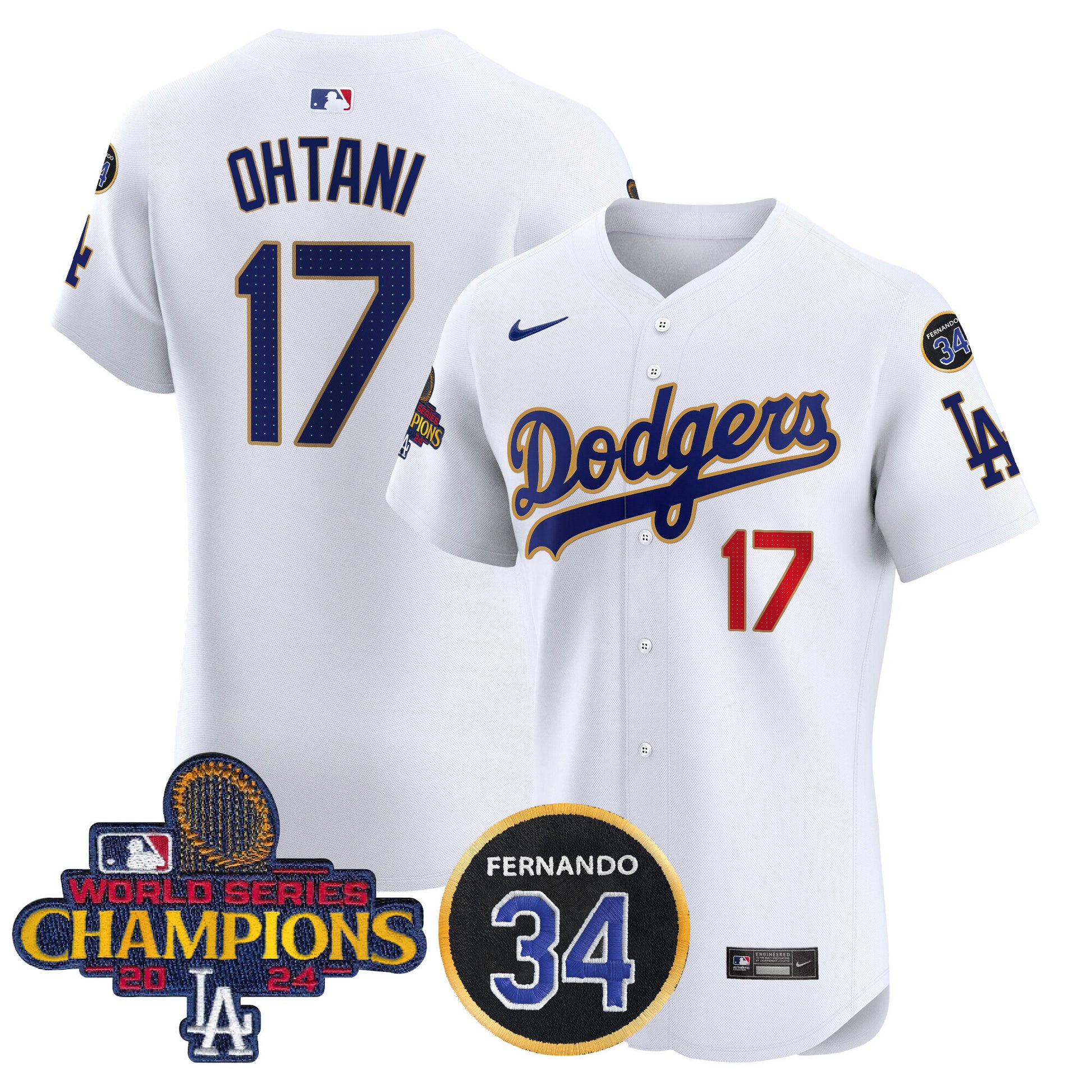 Men's Dodgers 2024 World Series Champions Gold Trim Vapor Premier Elite Jersey V2 - All Stitched