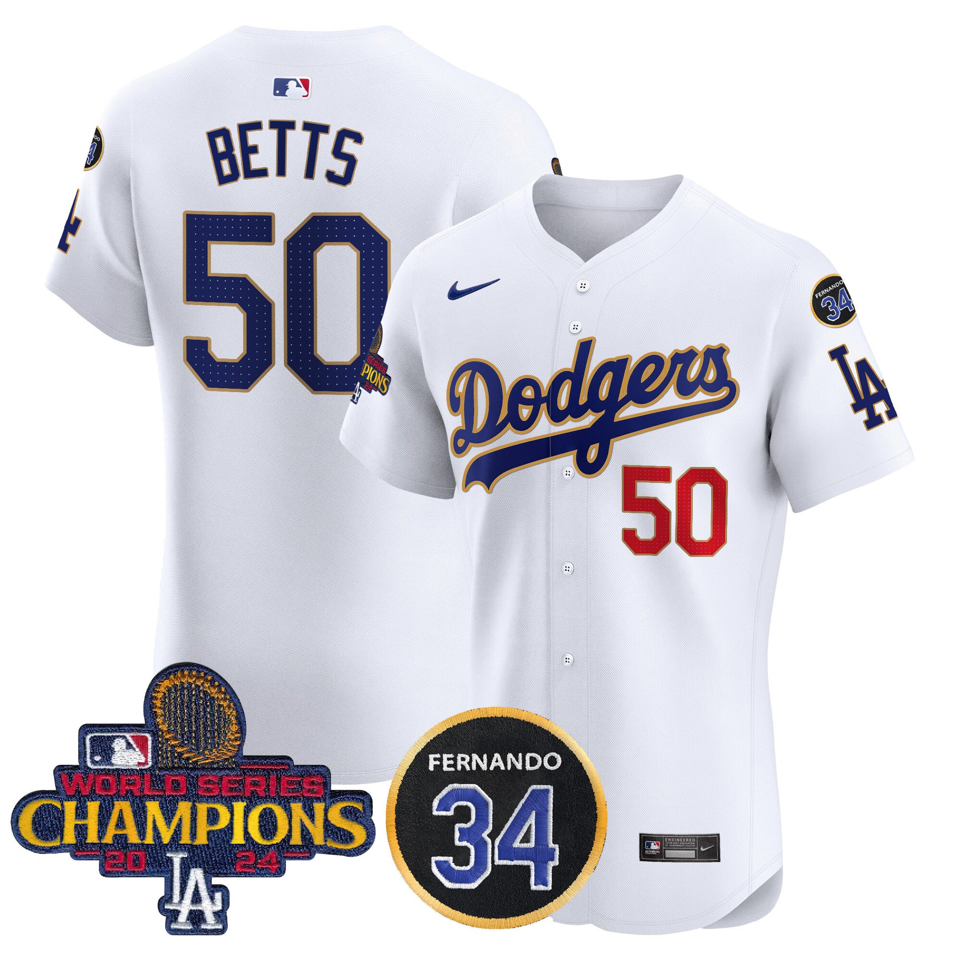 Men's Dodgers 2024 World Series Champions Gold Trim Vapor Premier Elite Jersey V2 - All Stitched