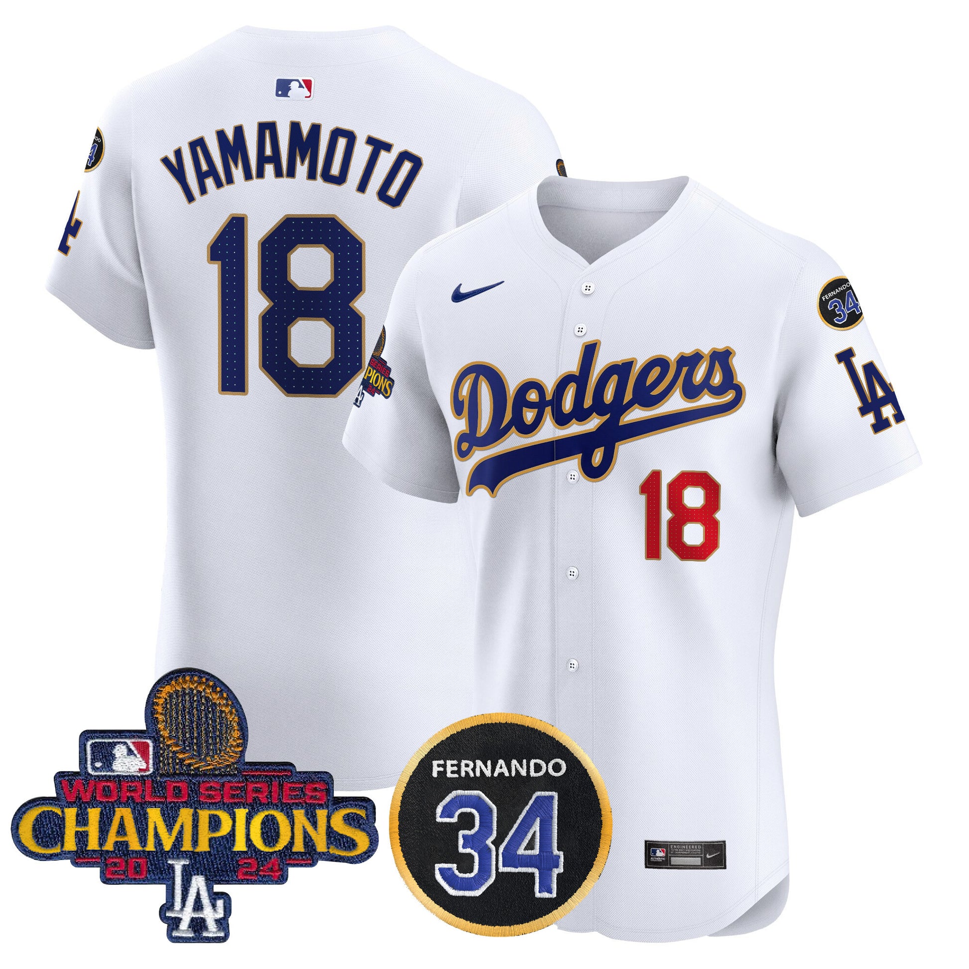 Men's Dodgers 2024 World Series Champions Gold Trim Vapor Premier Elite Jersey V2 - All Stitched