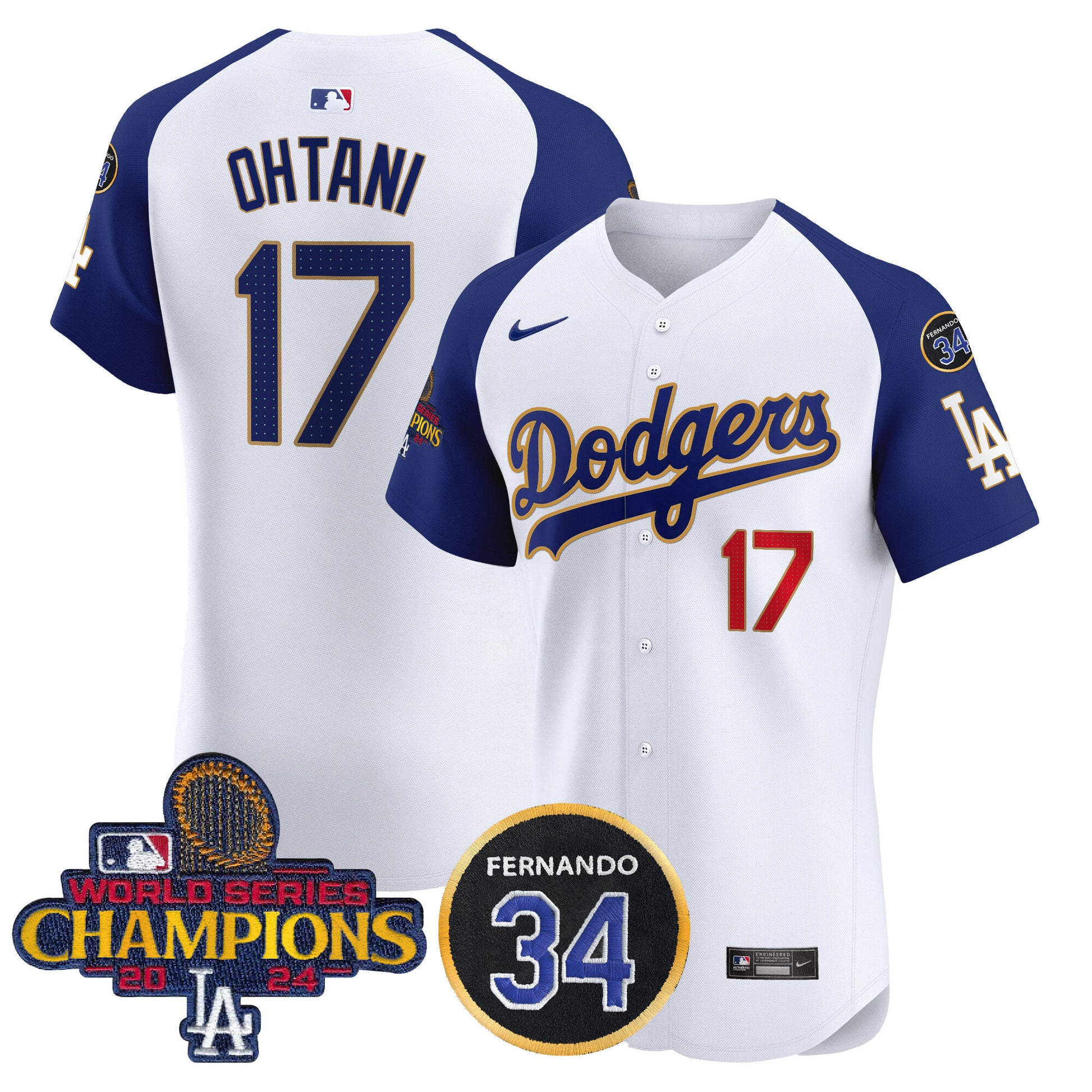 Men's Dodgers 2024 World Series Champions Gold Trim Vapor Premier Elite Jersey V2 - All Stitched