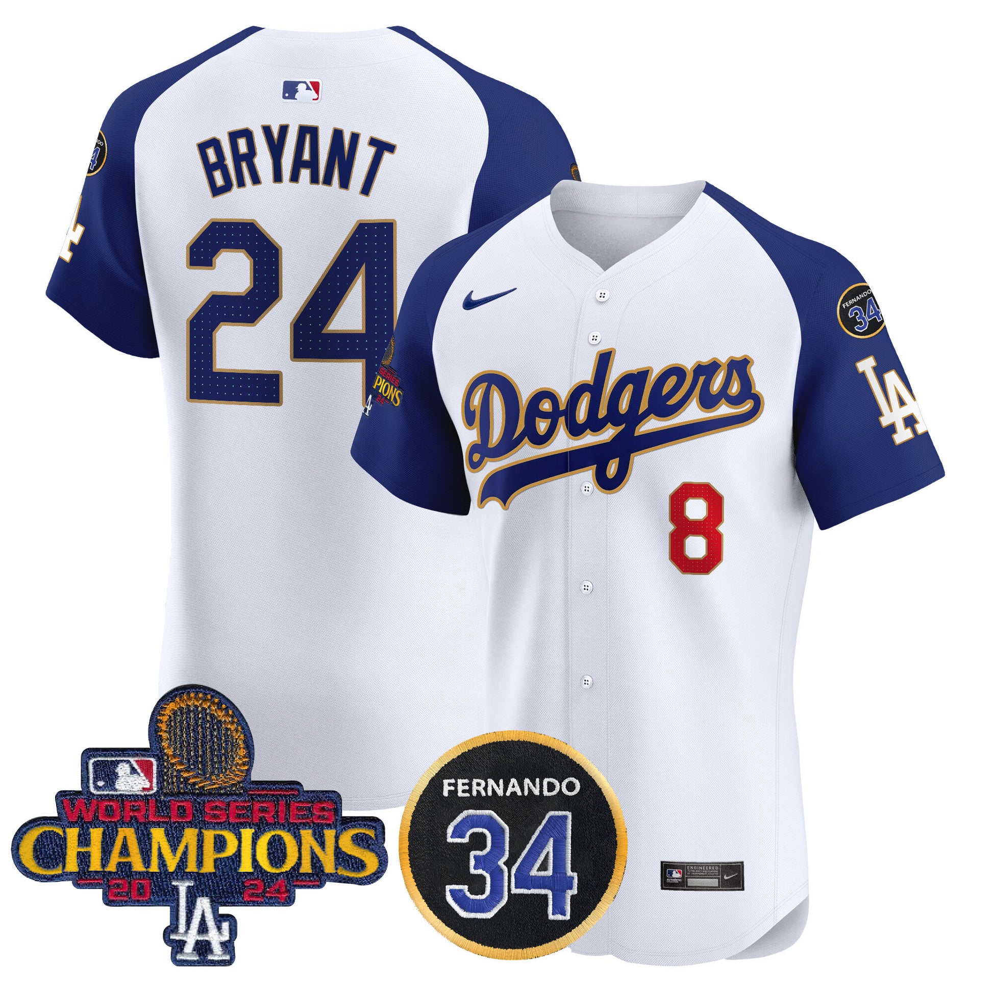 Men's Dodgers 2024 World Series Champions Gold Trim Vapor Premier Elite Jersey V2 - All Stitched