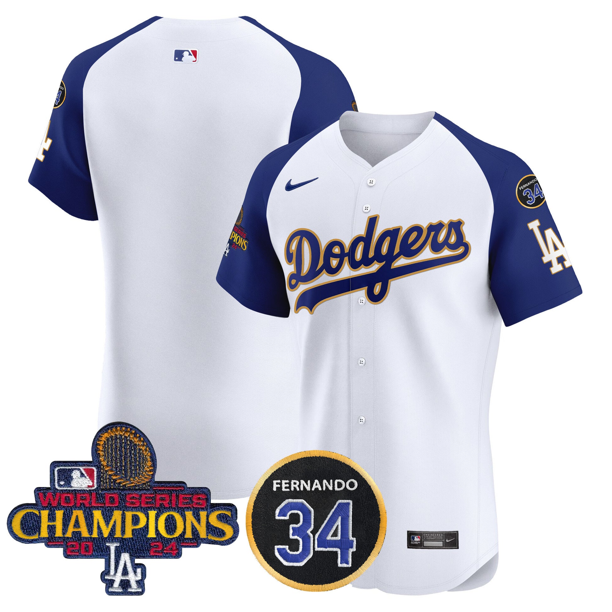 Men's Dodgers 2024 World Series Champions Gold Trim Vapor Premier Elite Jersey V2 - All Stitched