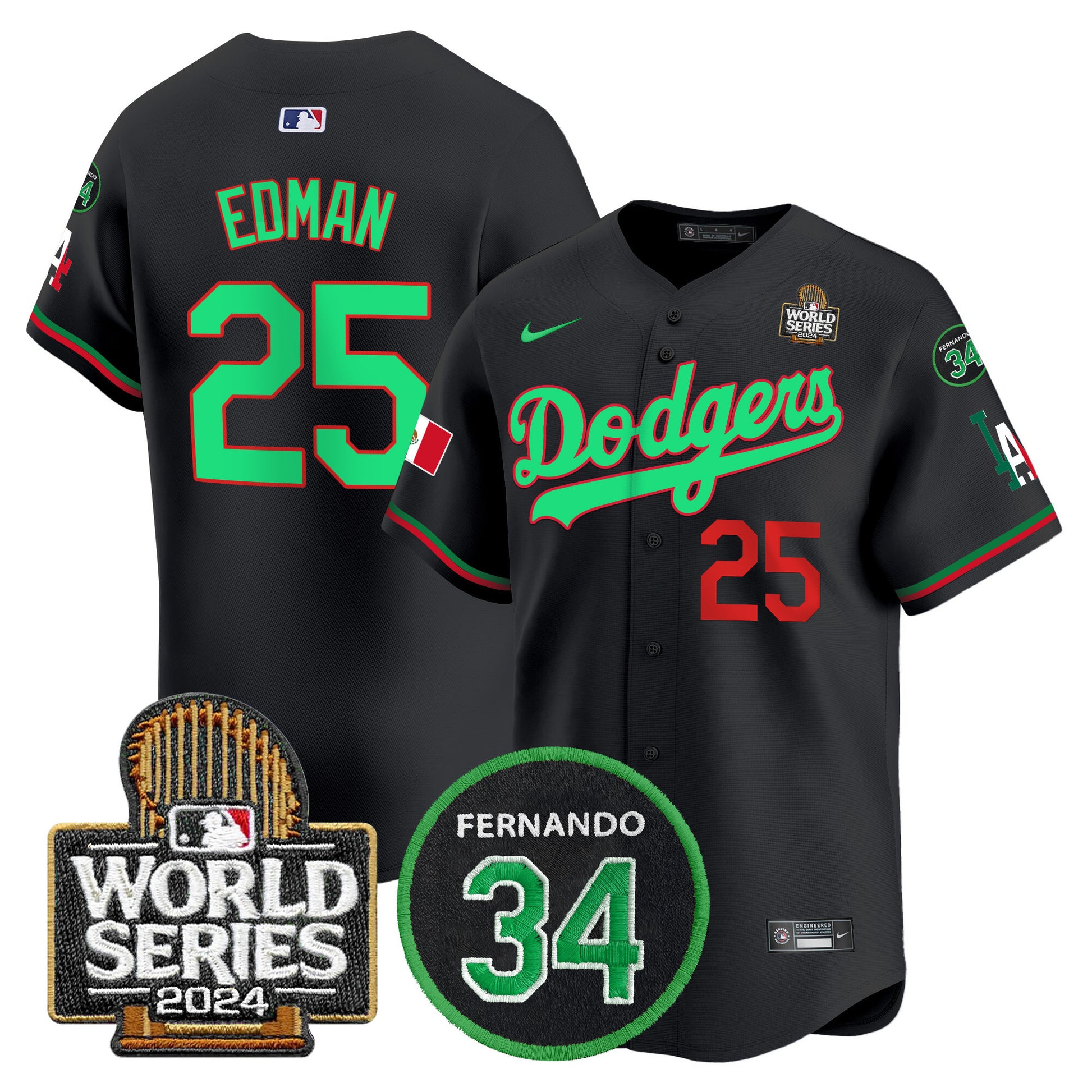 Men's Dodgers Mexico Fernando Memorial & 2024 World Series Patch Vapor Premier Limited Jersey V3 - All Stitched