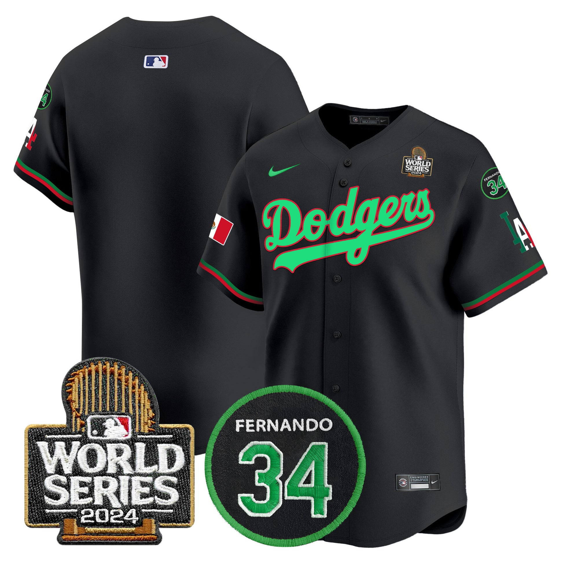 Men's Dodgers Mexico Fernando Memorial & 2024 World Series Patch Vapor Premier Limited Jersey V3 - All Stitched