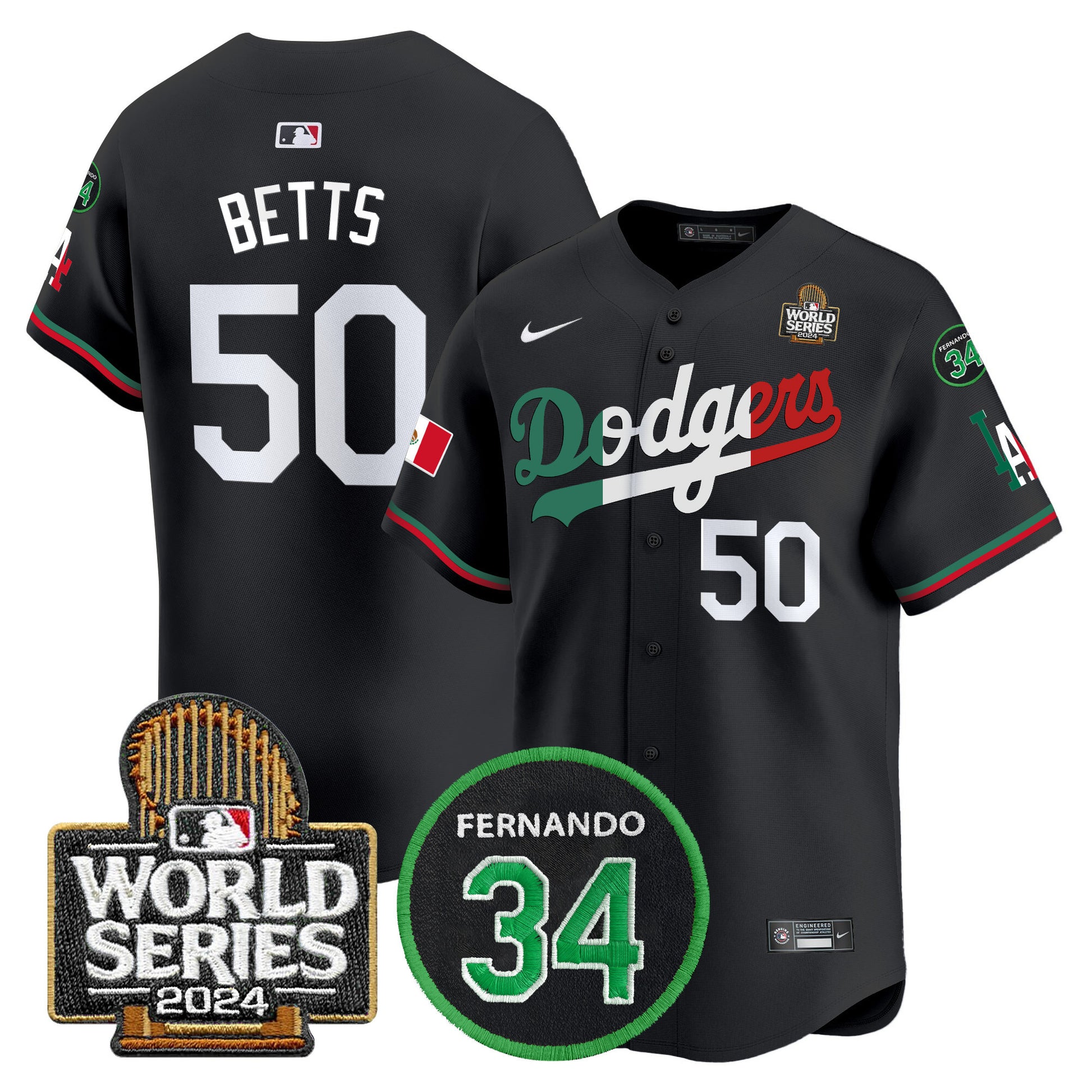 Men's Dodgers Mexico Fernando Memorial & 2024 World Series Patch Vapor Premier Limited Jersey V3 - All Stitched