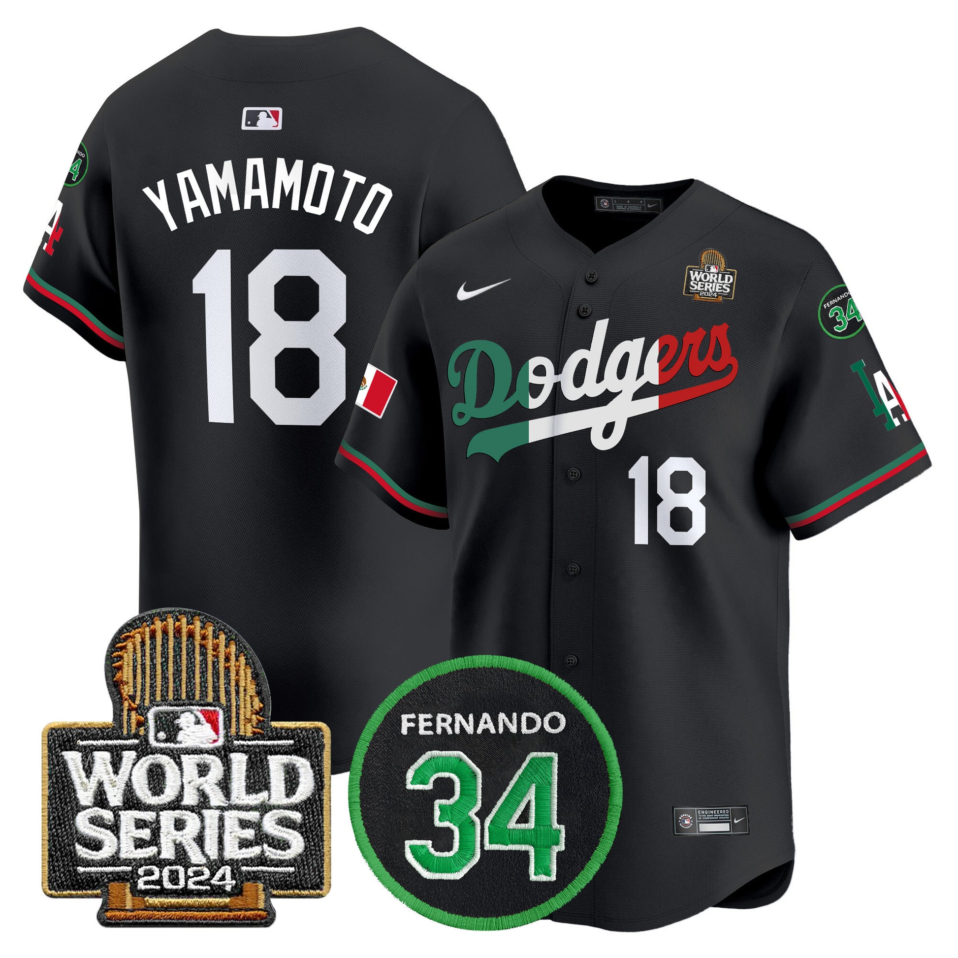 Men's Dodgers Mexico Fernando Memorial & 2024 World Series Patch Vapor Premier Limited Jersey V3 - All Stitched