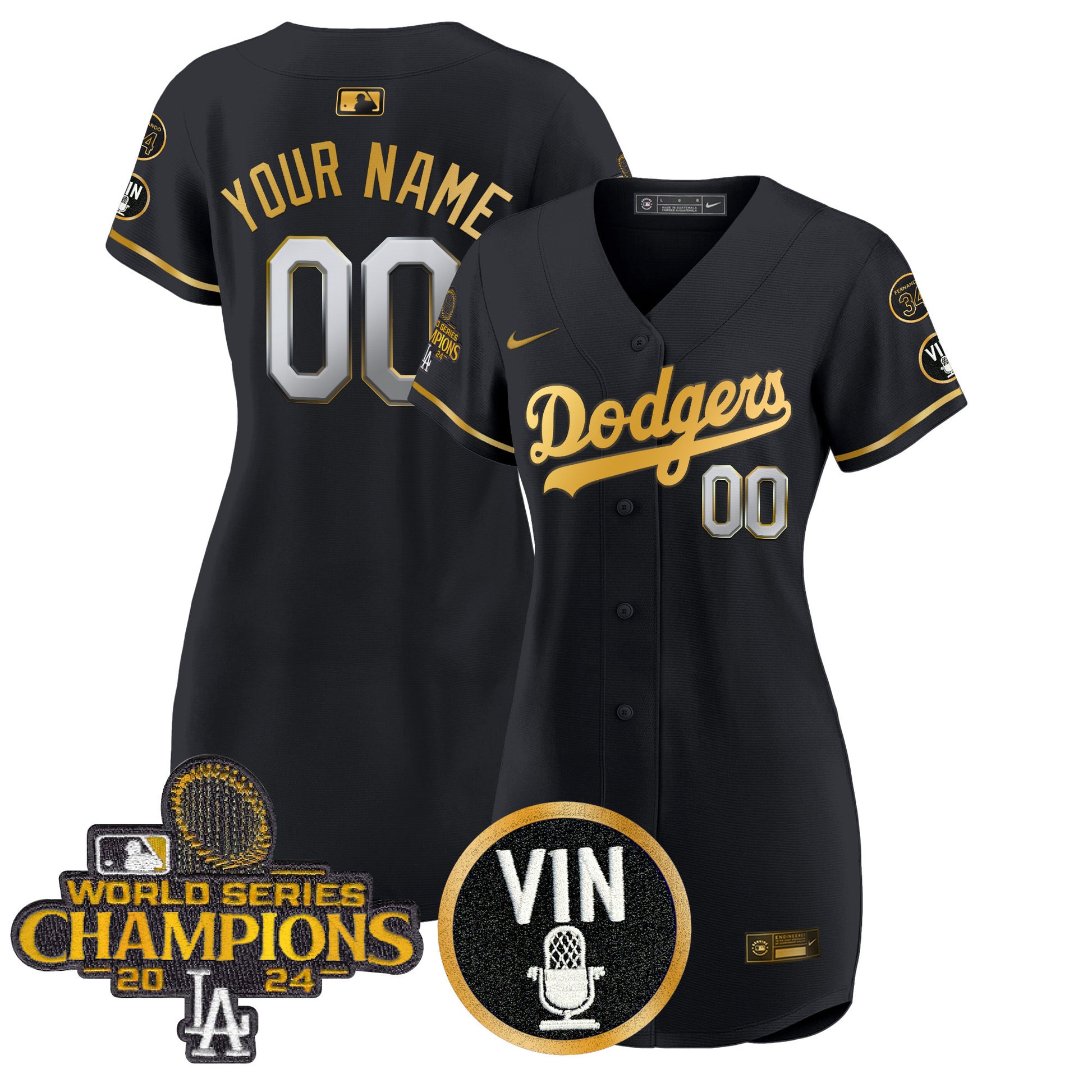 Dodgers 2025 Vin Scully & #34 Fernando Patch Gold Baseball Custom Dress - All Stitched