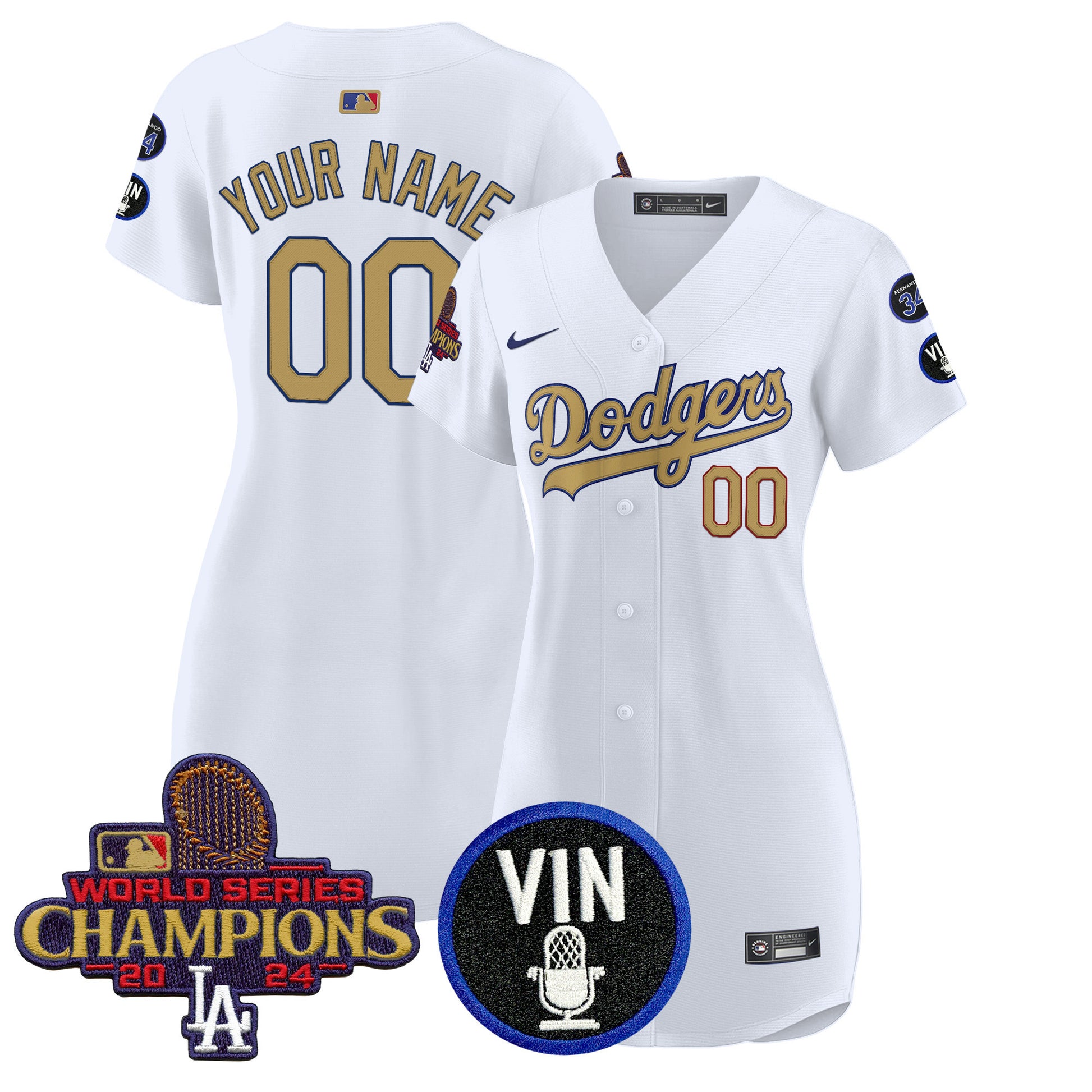 Dodgers 2025 Vin Scully & #34 Fernando Patch Gold Baseball Custom Dress - All Stitched