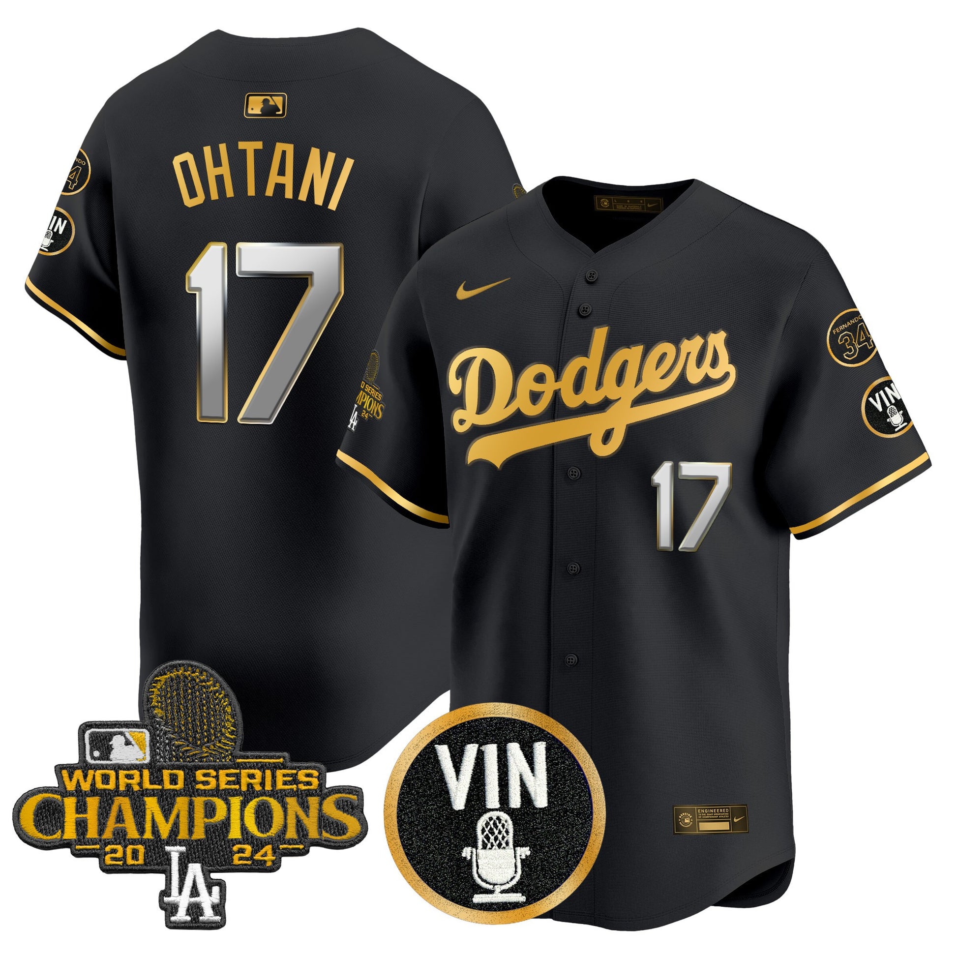 Men's Dodgers 2025 Vin Scully & #34 Fernando Patch Gold Vapor Premier Limited Jersey - All Stitched