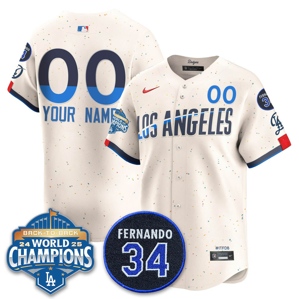 Los Angeles Dodgers 2025 Back To Back Champions Custom Jersey - All Stitched