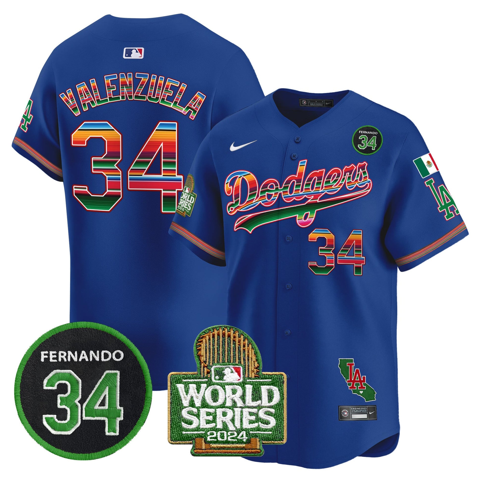 Men's Dodgers Mexico Fernando Memorial & 2024 World Series Patch Vapor Premier Limited Jersey - All Stitched