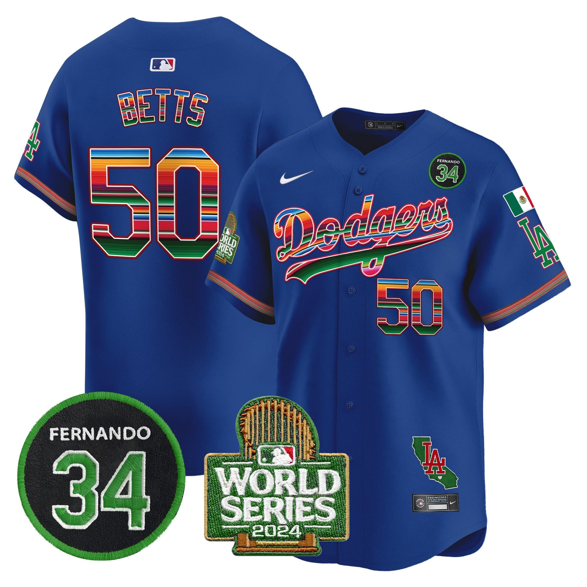 Men's Dodgers Mexico Fernando Memorial & 2024 World Series Patch Vapor Premier Limited Jersey - All Stitched