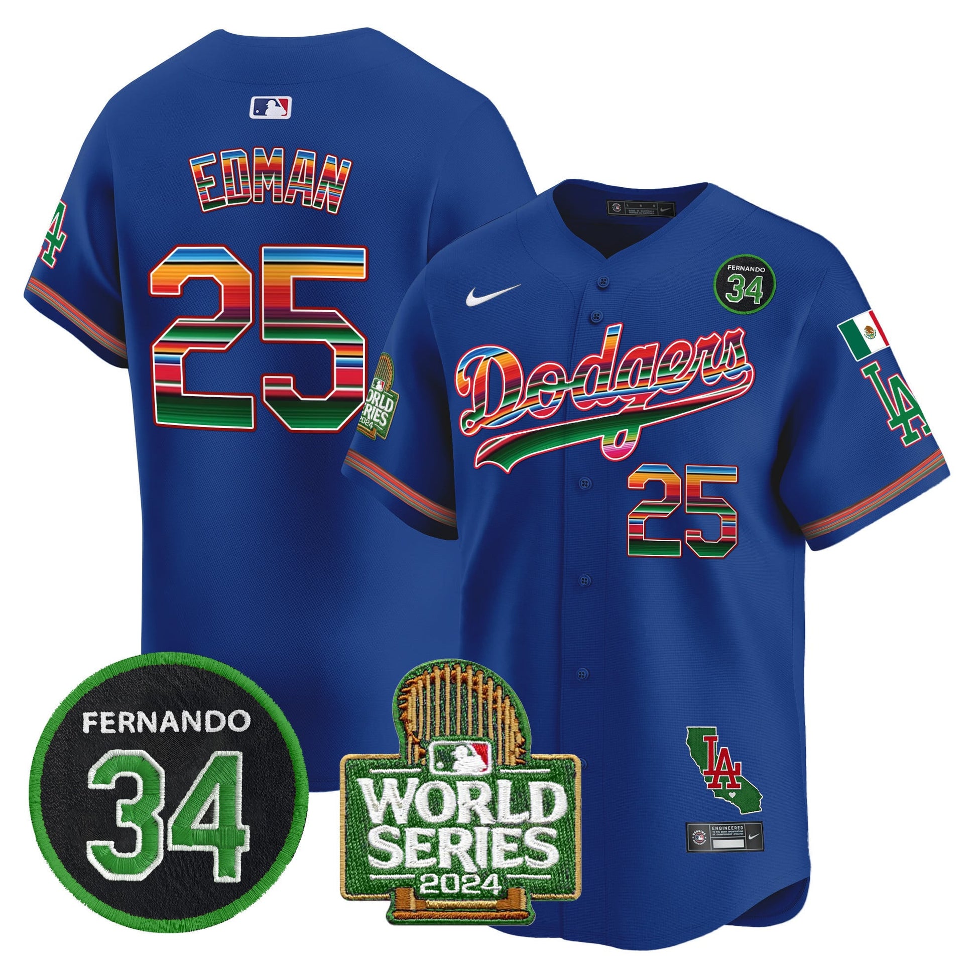 Men's Dodgers Mexico Fernando Memorial & 2024 World Series Patch Vapor Premier Limited Jersey - All Stitched