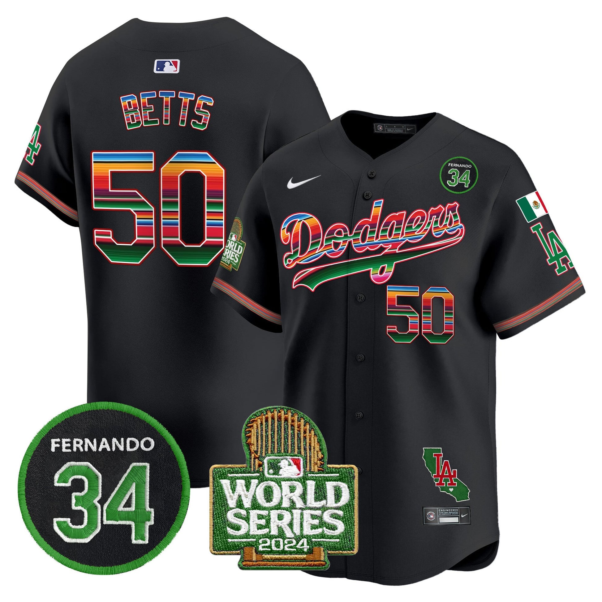 Men's Dodgers Mexico Fernando Memorial & 2024 World Series Patch Vapor Premier Limited Jersey - All Stitched