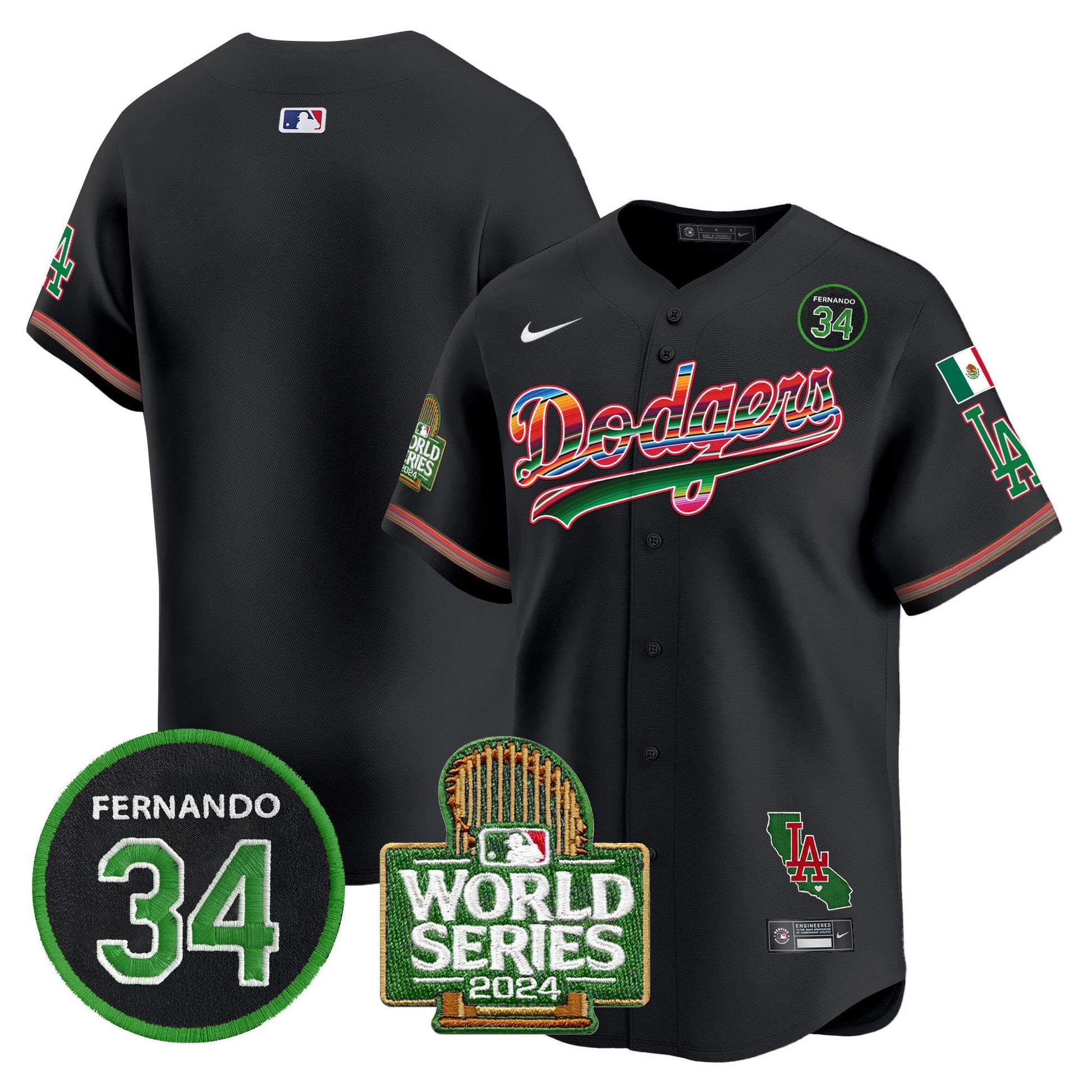 Men's Dodgers Mexico Fernando Memorial & 2024 World Series Patch Vapor Premier Limited Jersey - All Stitched