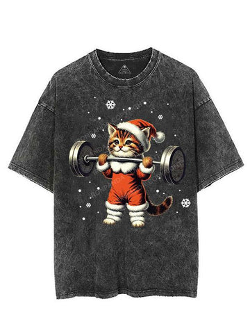 SANTA KITTEN WORKOUT VINTAGE GYM SHIRT