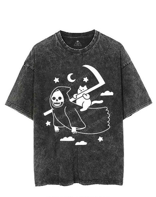 CAT RIDING GRIM REAPER VINTAGE GYM SHIRT
