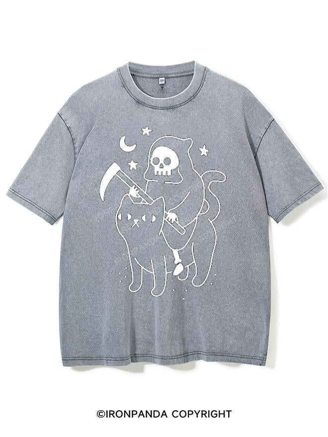 GRIM REAPER RIDING A CAT VINTAGE GYM SHIRT