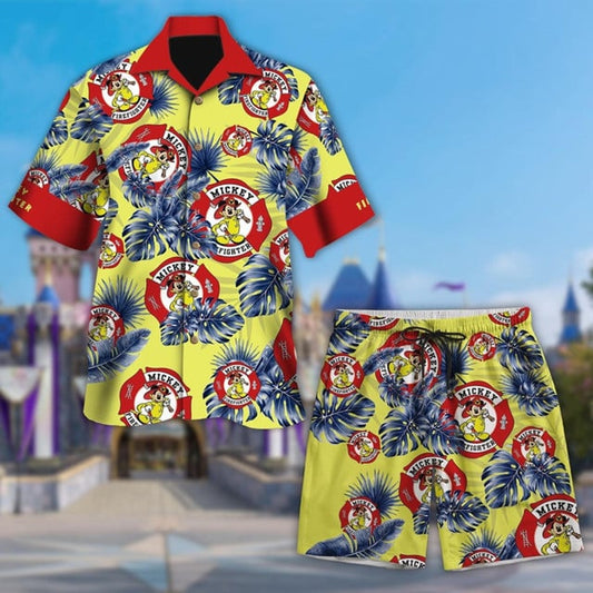Mickey Firefighter Hawaiian Shirt, Funny Mickey Mouse Tropical Vacation Hawaii Shirt, Mickey Firefighter Button Up Hawaiian Party Shirt