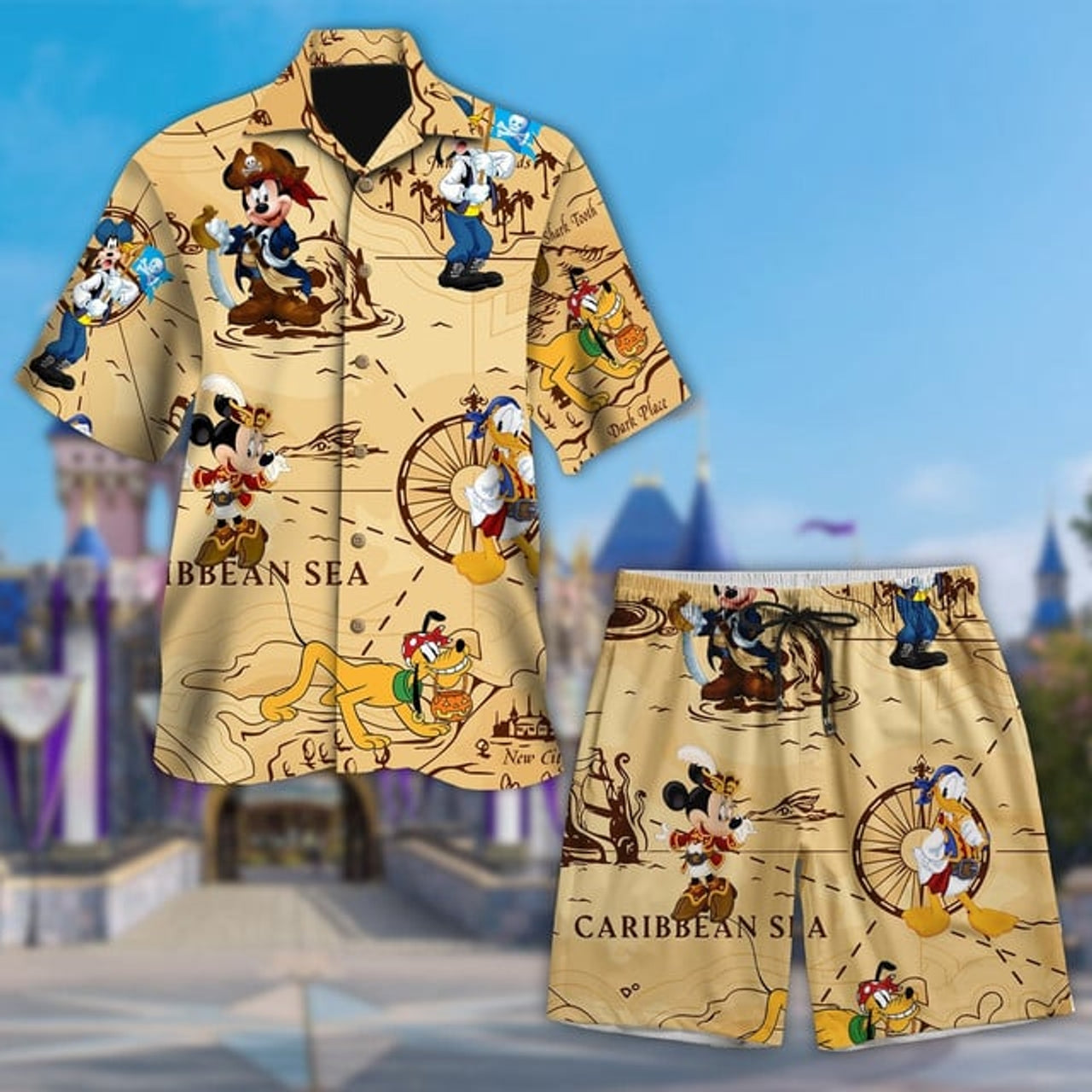 Pirate Of The Carribean Mickey Mouse Hawaiian Shirt, Donald Goofy Pluto Pirate Adventure Hawaii Tee, Mickey Mouse Treasure Gold Button Up