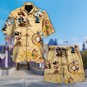 Pirate Of The Carribean Mickey Mouse Hawaiian Shirt, Donald Goofy Pluto Pirate Adventure Hawaii Tee, Mickey Mouse Treasure Gold Button Up
