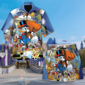 Pilot Duck Cartoon 3D All Over Printed Hawaiian Shirt, Triplet Duck And Rich Uncle Duck Aloha Shirt, Summer Vacation Shirt, Hawaii Shirt
