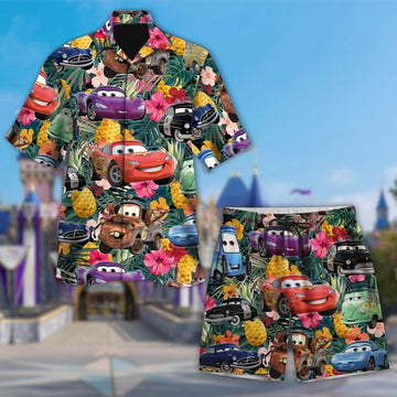 Cars Characters Hawaiian Shirt, Lightnight Mcqueen Tropical Palm Tree Kid Hawaii Tee, Tow Matter Button Up Shirt, Sport Cars Character Shirt