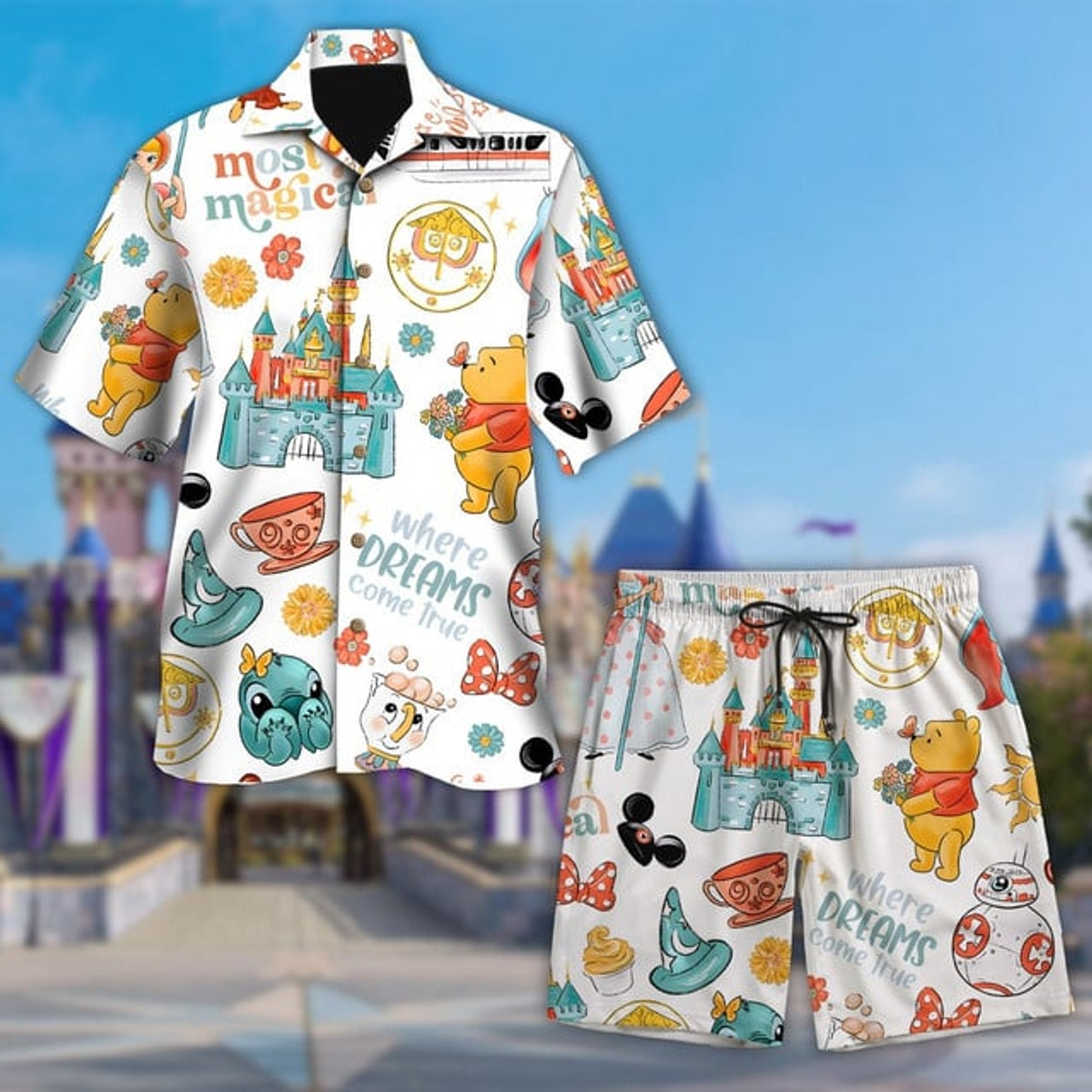 Retro Bear And Magic Castle Hawaii Shirt, Blue Dog Button Up Shirt Holiday, Dream Comes True Hawaiian Shirt, Cartoon 3D All Over Print Shirt