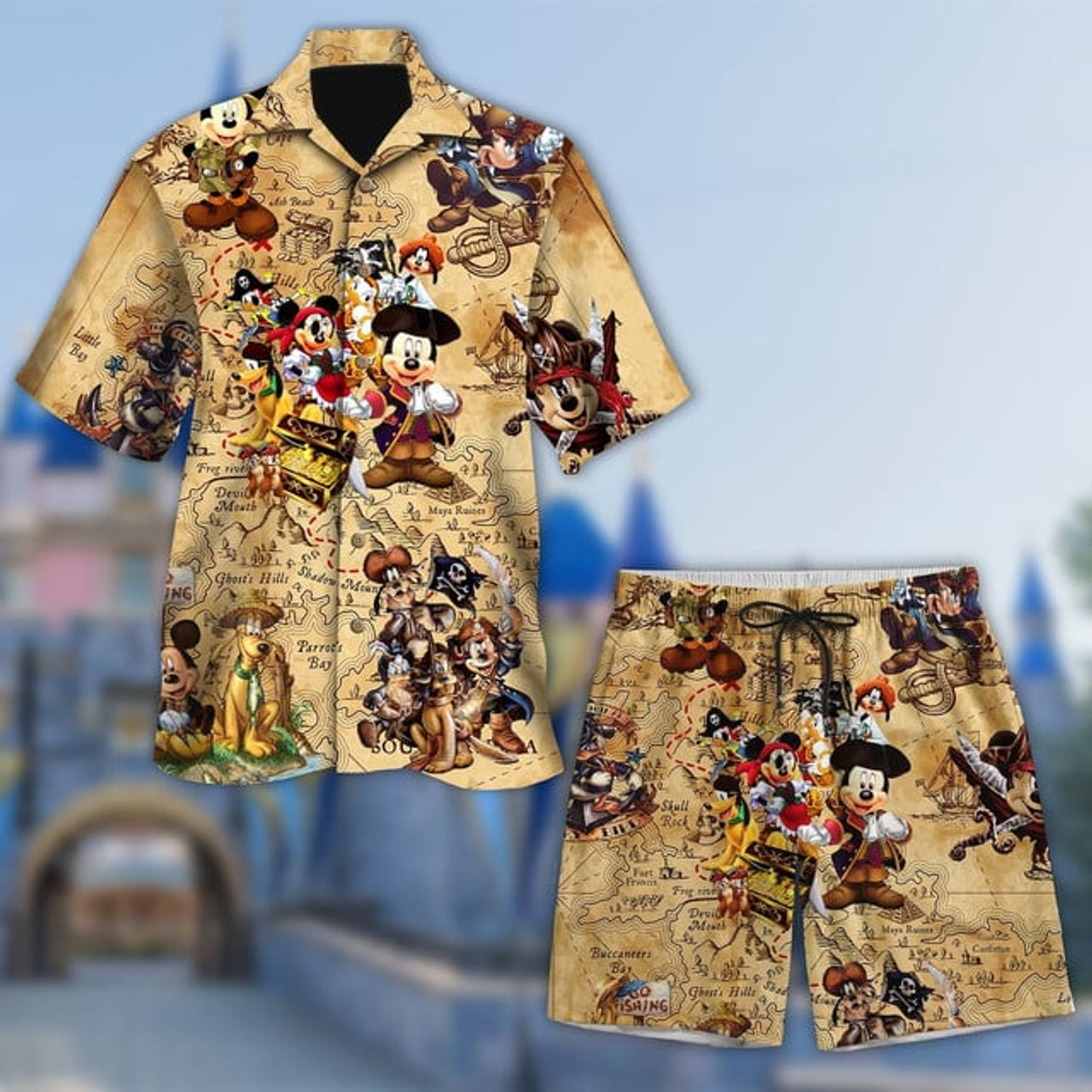 Pirates Of The Caribbean Hawaiian Shirt, Mickey Mouse Jack Sparrow With Goofy, Pluto, Daisy Minnie Treasure Button Up, Pirate Mickey