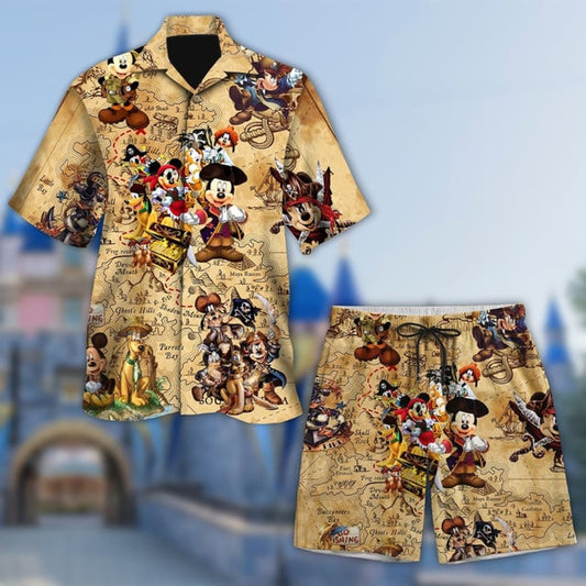 Pirates Of The Caribbean Hawaiian Shirt, Mickey Mouse Jack Sparrow With Goofy, Pluto, Daisy Minnie Treasure Button Up, Pirate Mickey
