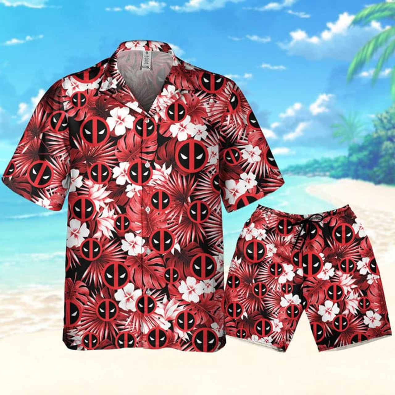 Deadpool Symbol Summer Floral Vacation, Deadpool Superhero Button Up, Hero Tropical Hawaii Shirt, Deadpool Summer Trip